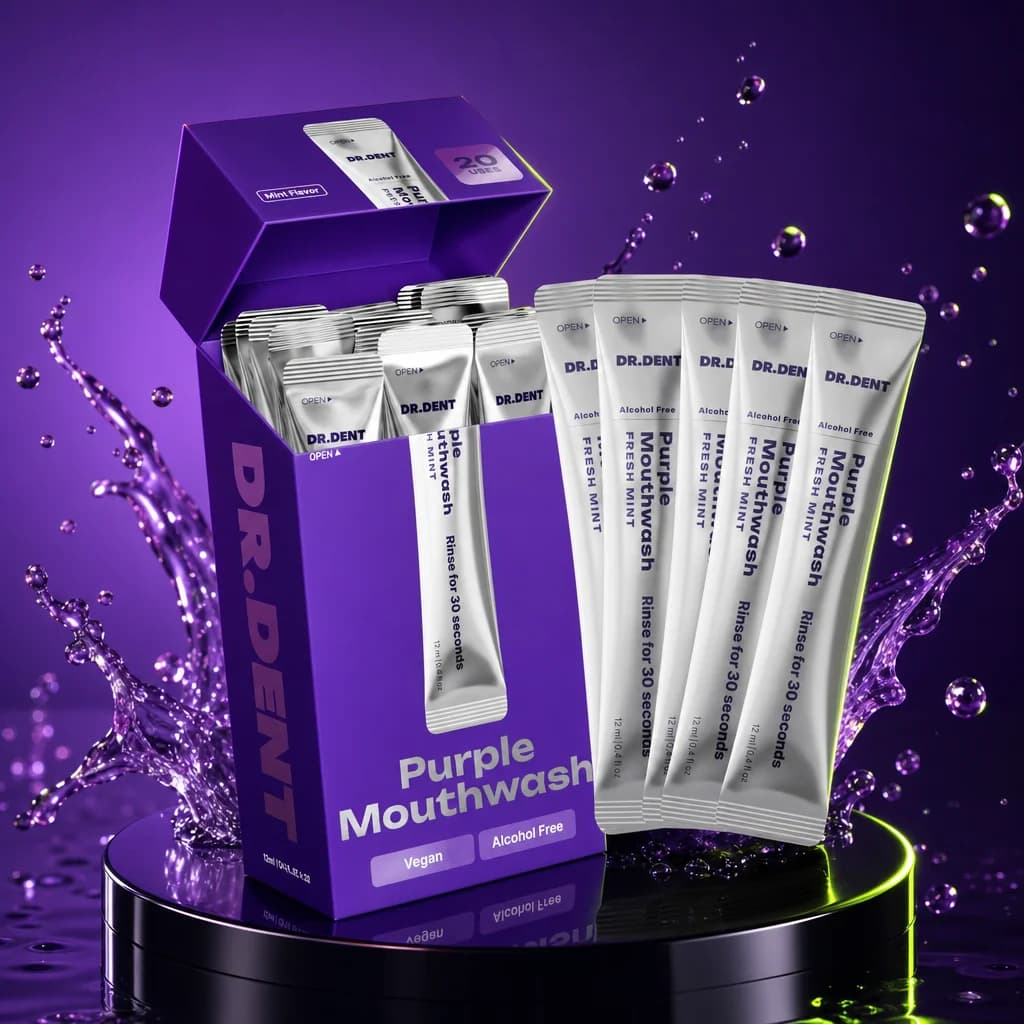 DR.DENT Purple Mouthwash Sachets — Peroxide-Free, Vegan Mint (20-Pack)