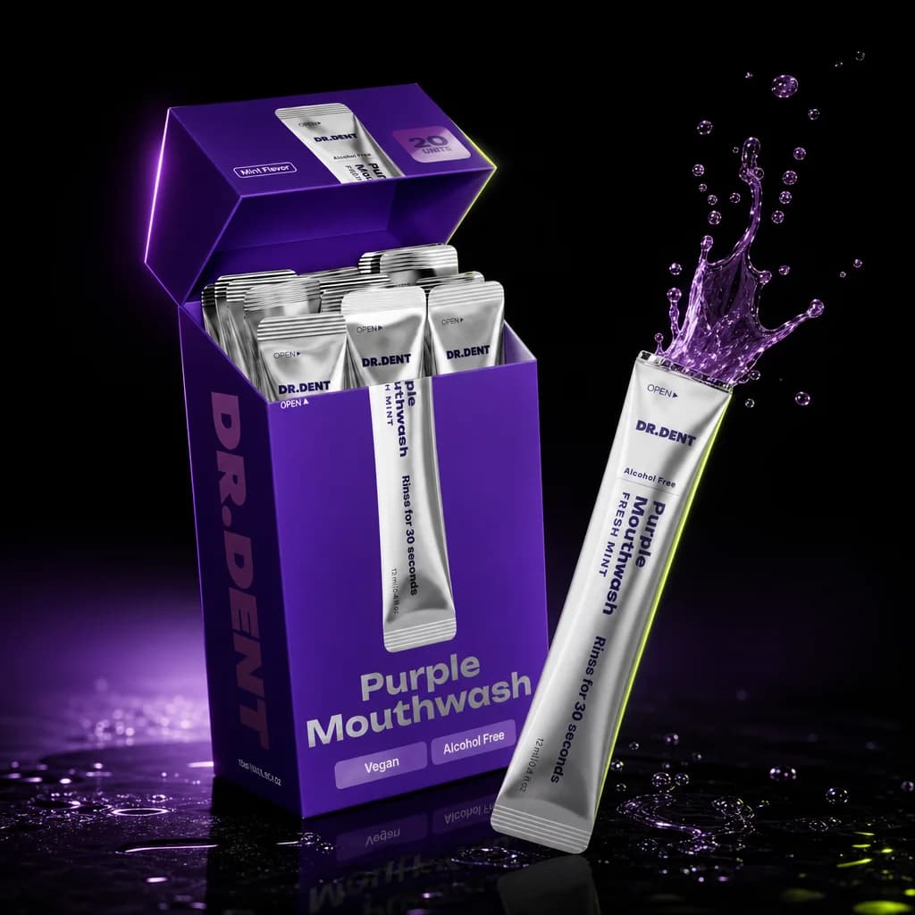 DR.DENT Purple Mouthwash Sachets — Peroxide-Free, Vegan Mint (20-Pack)